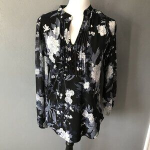 WHBM Top Womens‎ Size SMALL Floral Matte Jersey Woven Long Sleeve Button V-Neck